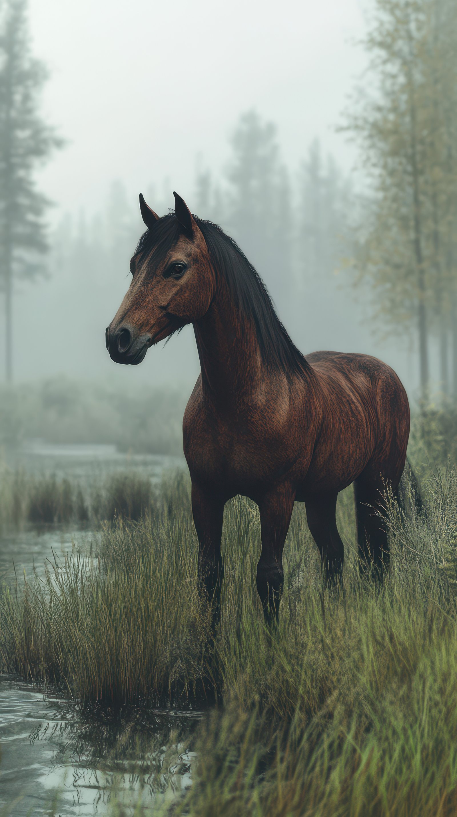 Majestic brown horse standing near a misty forested pond in early morning light